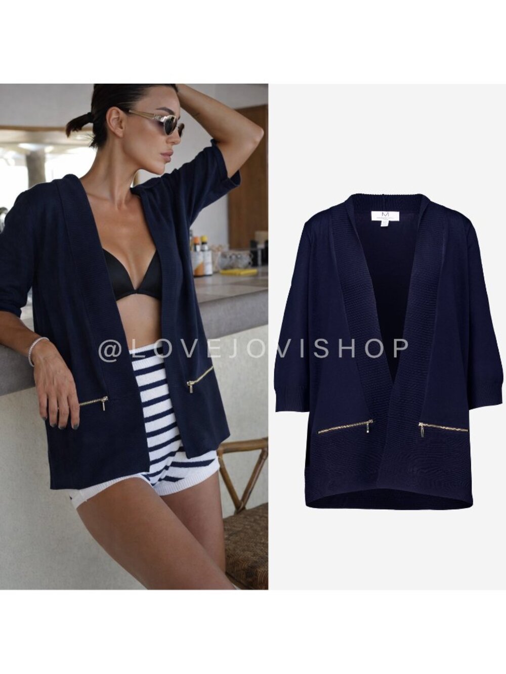 Minimalist | Magaschoni Fine Knit Cardigan Sweater | Navy Ribbed Open Front | XL